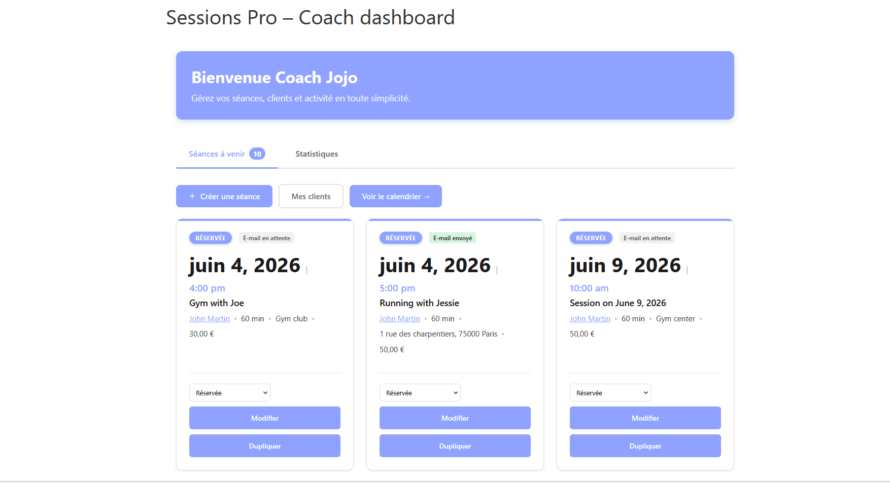 Sessions Pro — plugin WordPress pour coachs — vue secondaire